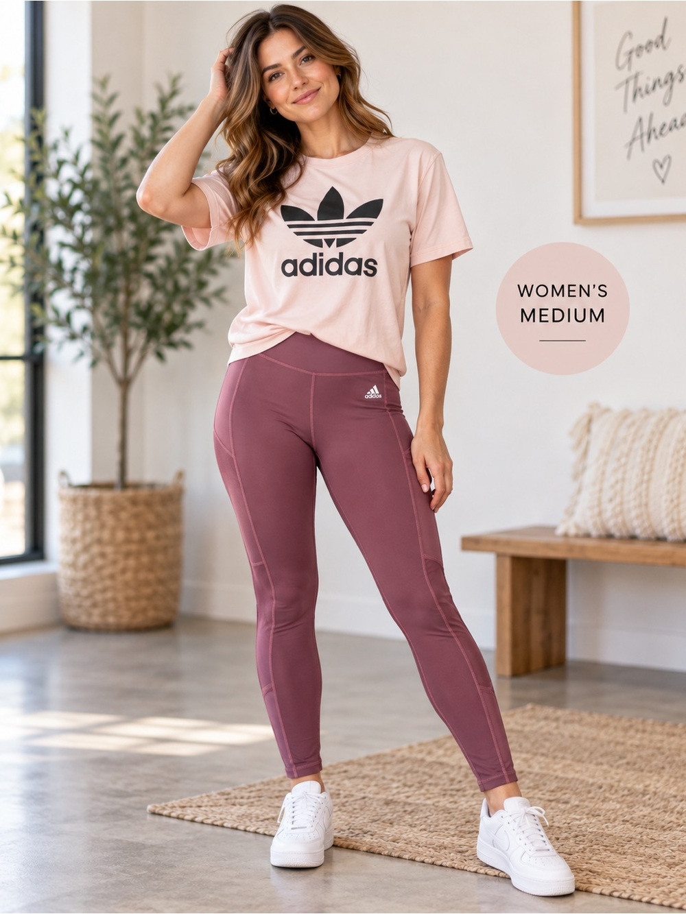 Adidas Women's High-Rise Performance Leggings — Dusty Rose with shirt outfit